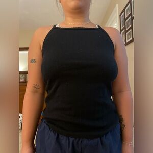 Black pointelle high neck tank